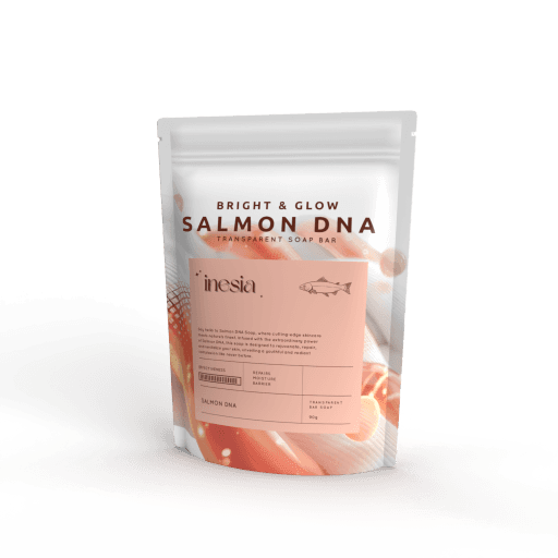 Kemasan pouch INESIA Salmon DNA soap bar berwarna salem